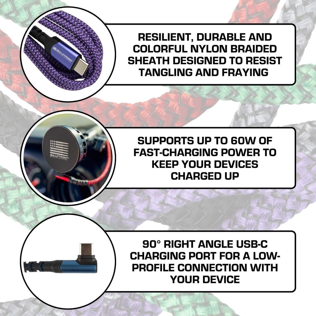 Nylon Braided USB-C Charging Cable with Right-Angle Port 3.3 Feet / 1 Meter - Multiple Colors