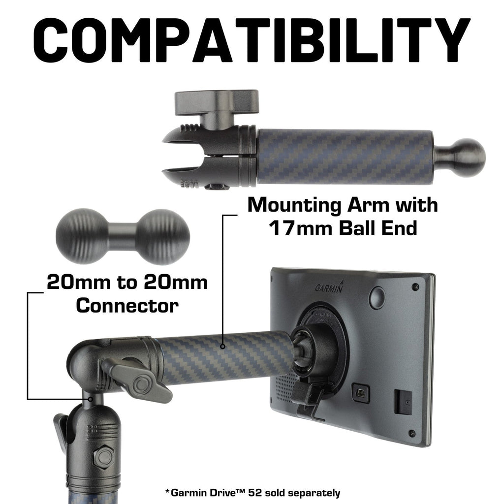 Carbon Fiber/Kevlar Hybrid Mount Arm with 17mm Ball - Compatible with Select GPS. Ipad and Wireless Phone Chargers