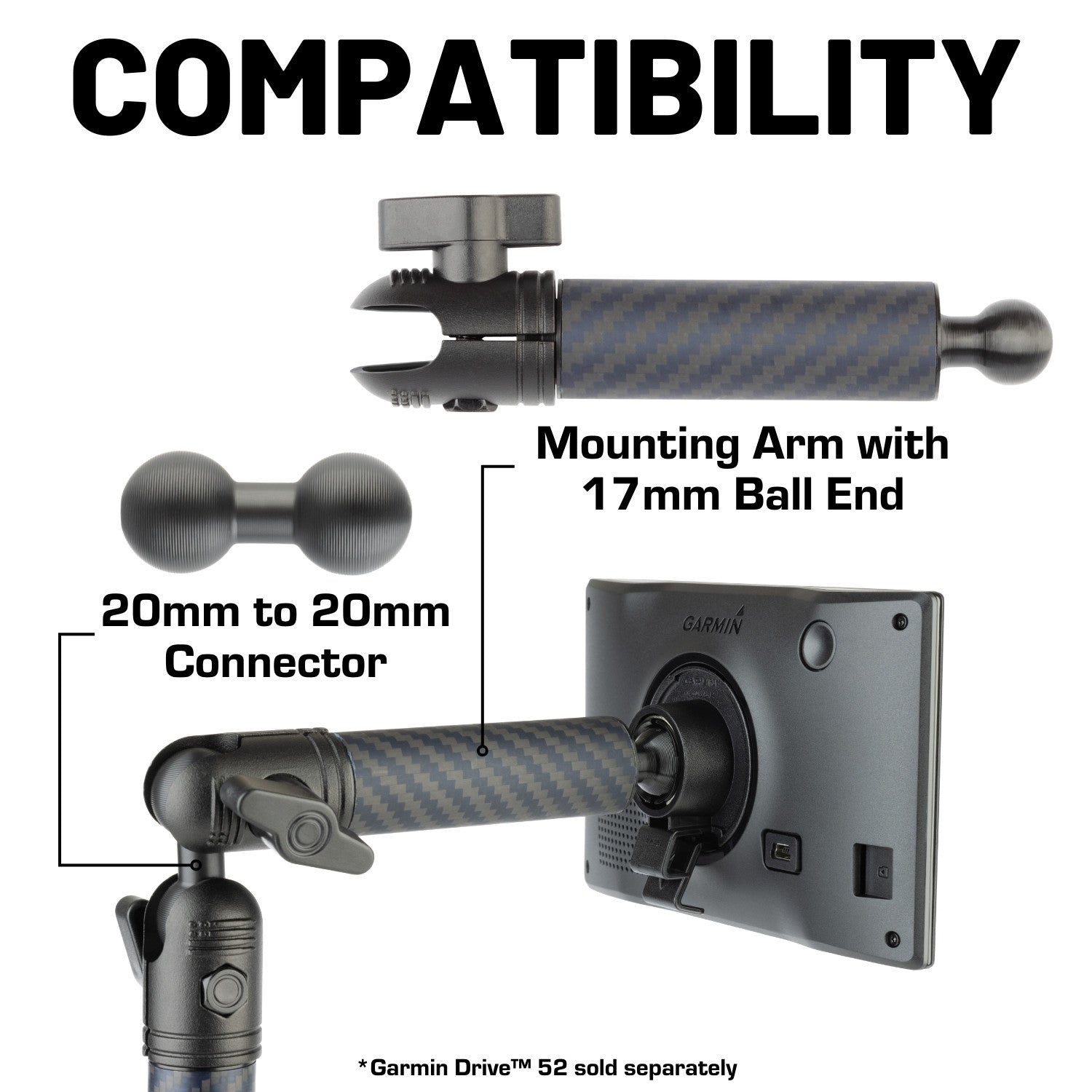 Carbon Fiber/Kevlar Hybrid Mount Arm with 17mm Ball - Compatible with Select GPS. Ipad and Wireless Phone Chargers